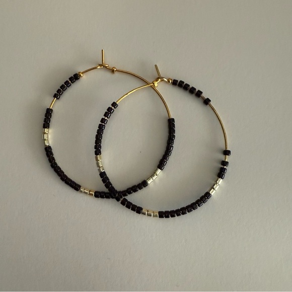 Jewelry - Bohemian Beaded Neutral Black Gold Tone Hoop Earrings